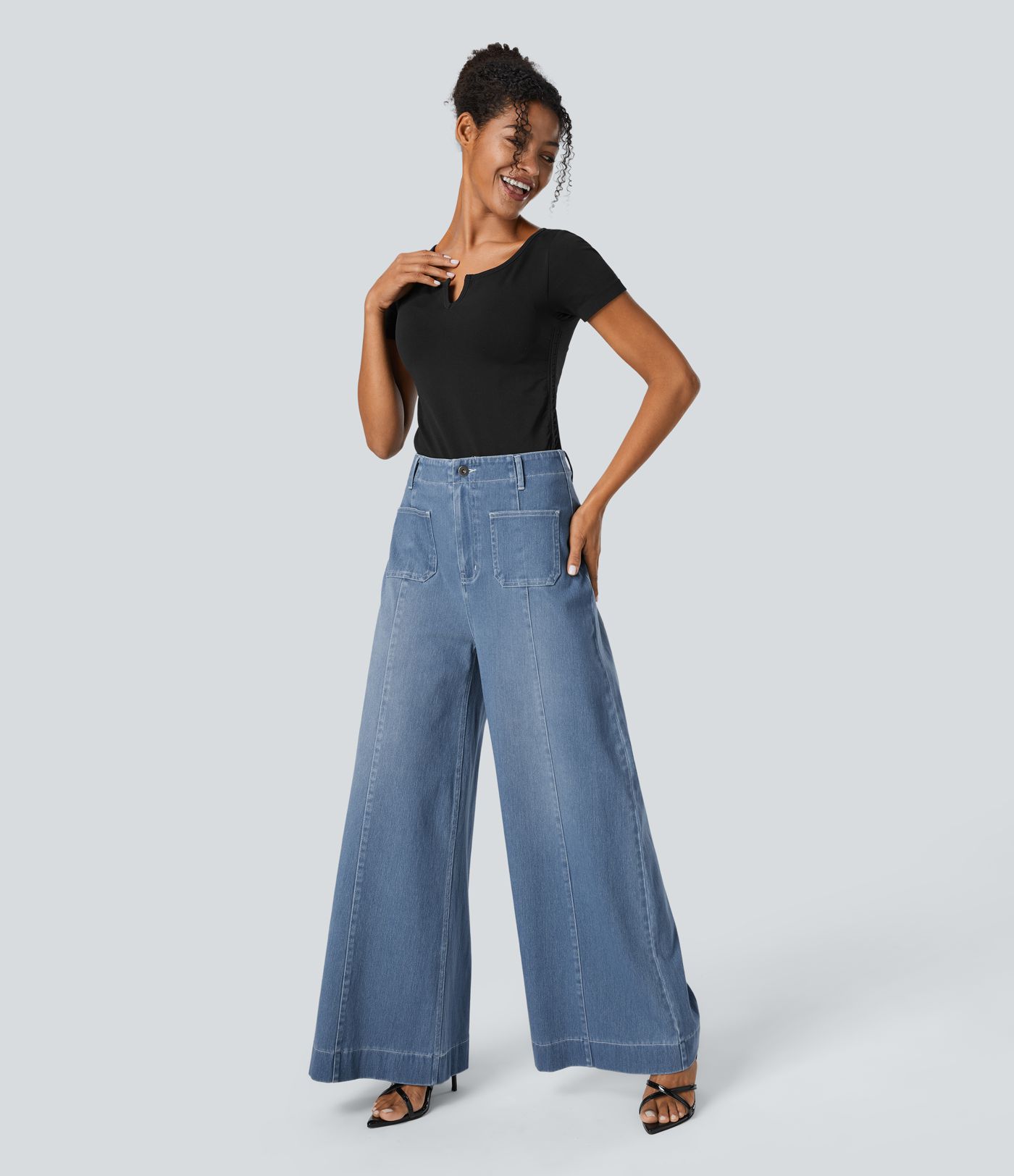 Halara Flex™ High Waisted Pockets Washed Denim Casual Women Wide Leg Baggy Jeans