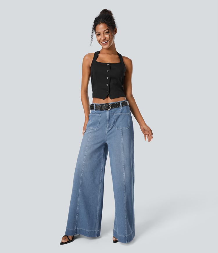 Halara Flex™ High Waisted Pockets Washed Casual Wide Leg Jeans