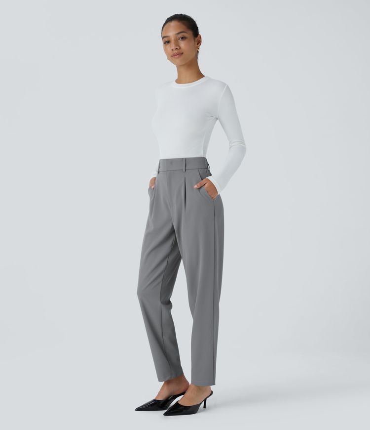 High Waisted Pocket Solid Work Tapered Trousers