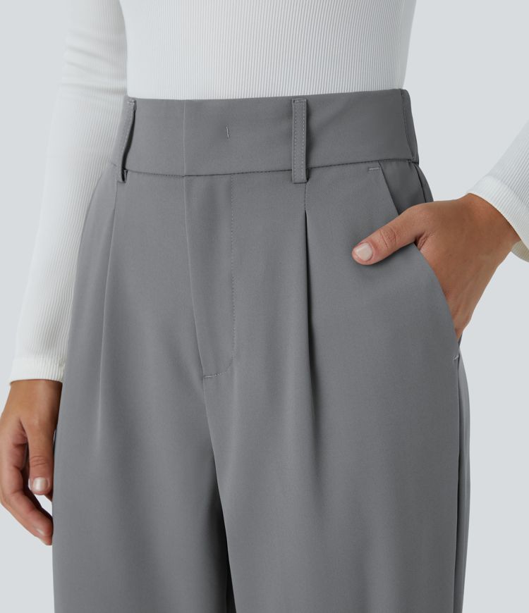 High Waisted Pocket Solid Work Tapered Trousers