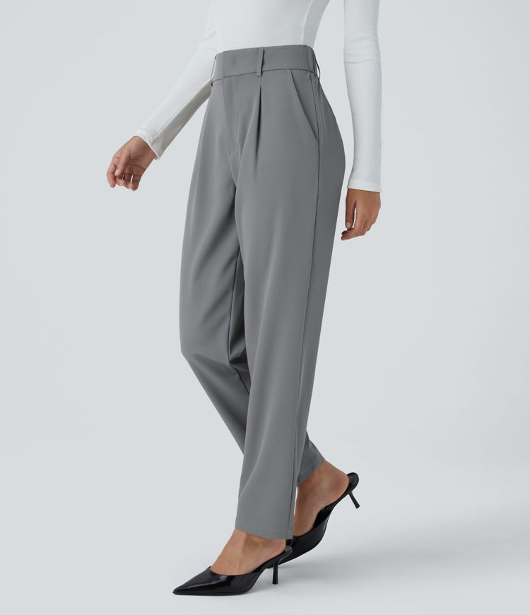 High Waisted Pocket Solid Work Tapered Trousers
