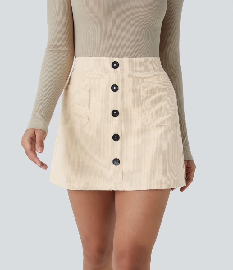 Lässiger 2-in-1 Mini-Hosenrock aus Cord mit hohem Bund, Knopfleiste und Reißverschluss
