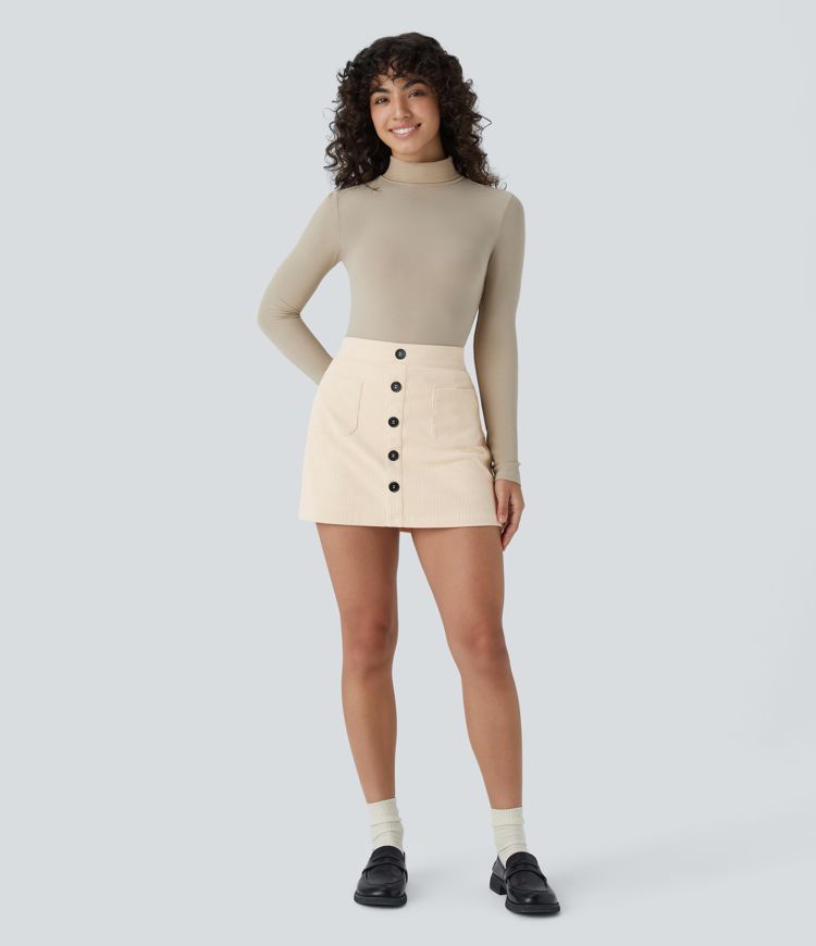 Lässiger 2-in-1 Mini-Hosenrock aus Cord mit hohem Bund, Knopfleiste und Reißverschluss
