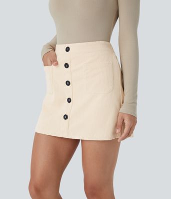 Lässiger 2-in-1 Mini-Hosenrock aus Cord mit hohem Bund, Knopfleiste und Reißverschluss