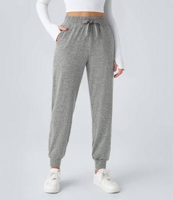 High Waisted Drawstring Pocket Ruched Yoga Joggers with Pockets
