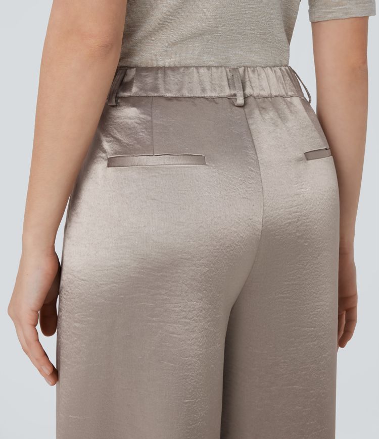 Pantalón oficina tiro alto bolsillo lateral satén pierna ancha