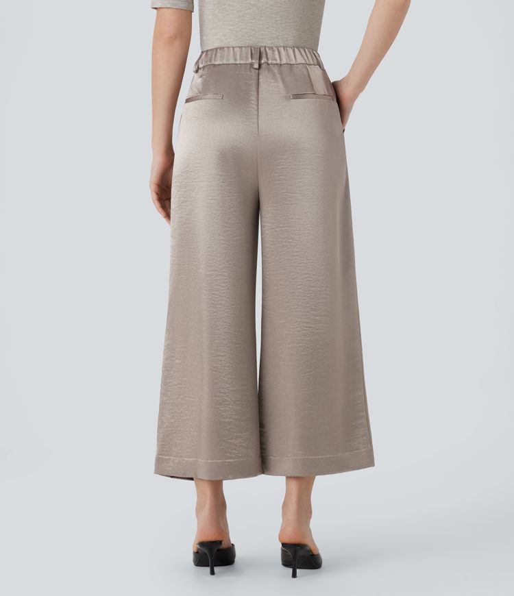 High Waisted Pocket Satin-Like Wide Leg Work Pants
