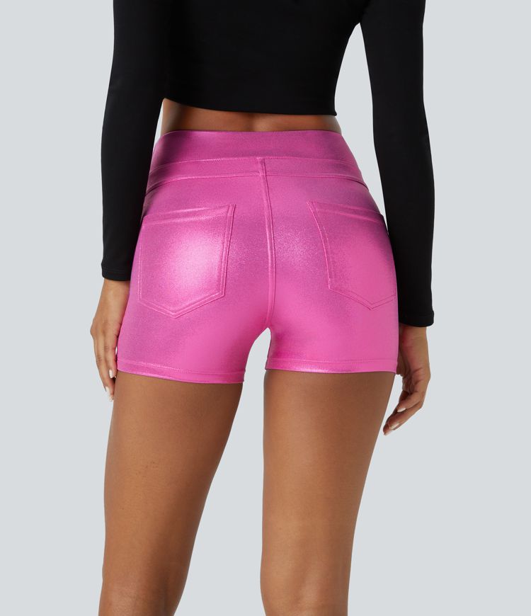 Pantalón corto Softlyzero™ Faux motociclista elástico bolsillo lateral trasero tiro alto piel sintética estampado metalizado 7.5cm