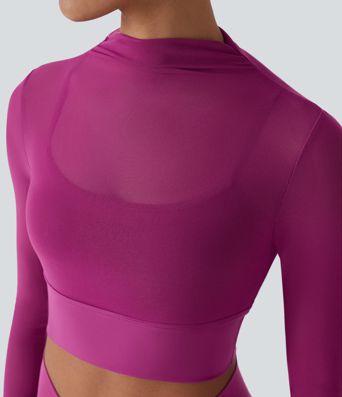 Contrast Mesh Long Sleeve 2-in-1 Cropped Yoga Sports Top