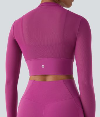 Contrast Mesh Long Sleeve 2-in-1 Cropped Yoga Sports Top