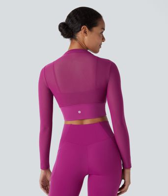 Contrast Mesh Long Sleeve 2-in-1 Cropped Yoga Sports Top