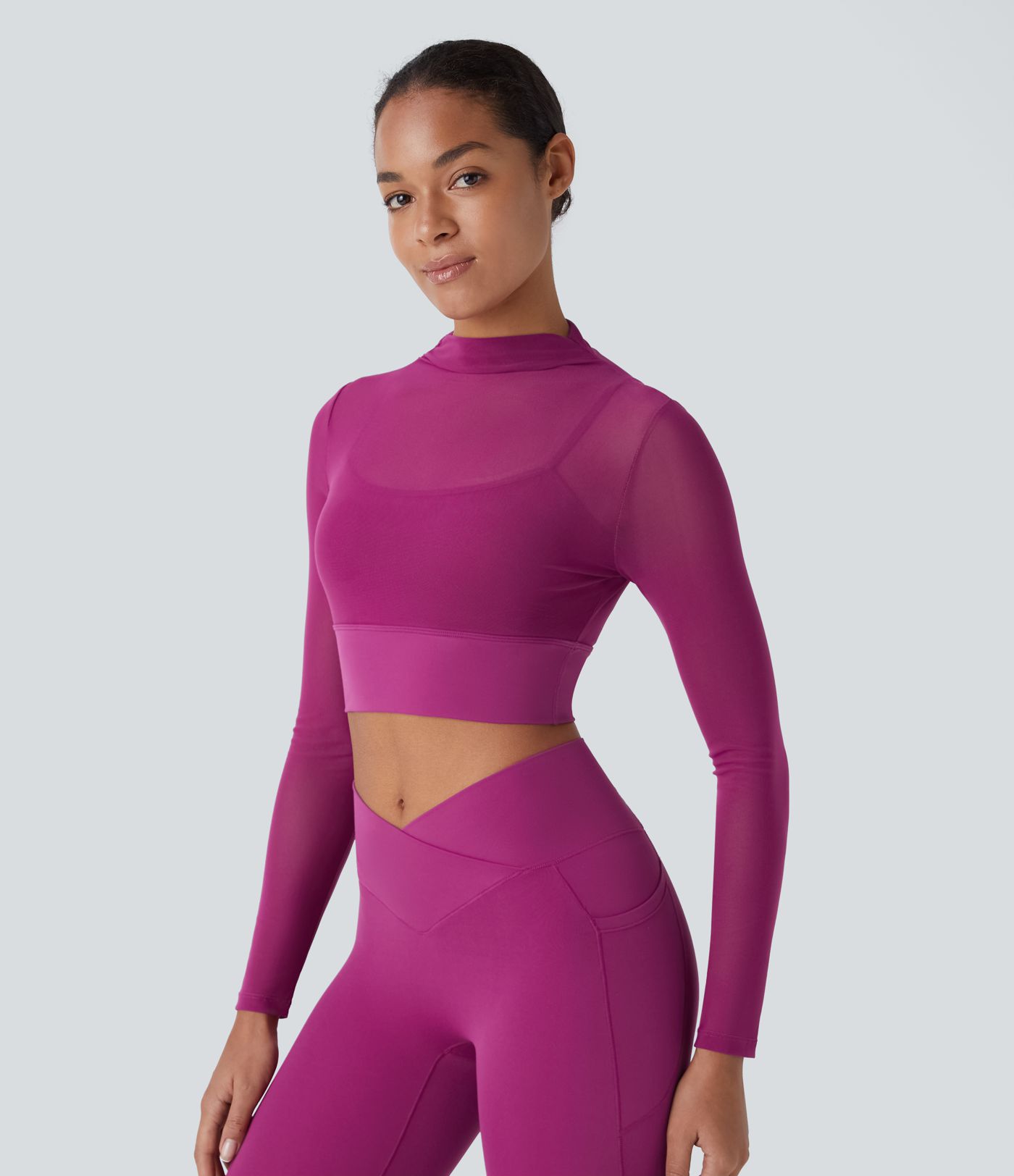 Contrast Mesh Long Sleeve 2-in-1 Cropped Yoga Sports Top
