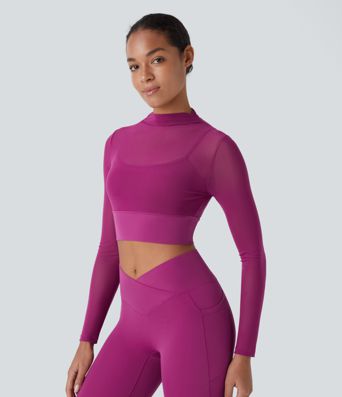 Contrast Mesh Long Sleeve 2-in-1 Cropped Yoga Sports Top