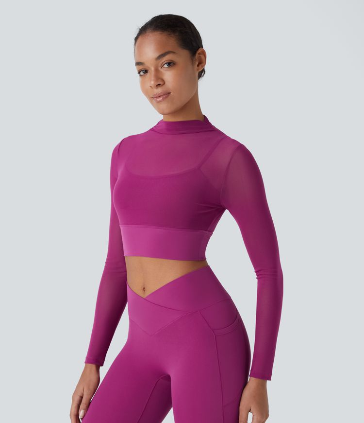 Contrast Mesh Long Sleeve 2-in-1 Cropped Yoga Sports Top