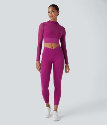 Contrast Mesh Long Sleeve 2-in-1 Cropped Yoga Sports Top