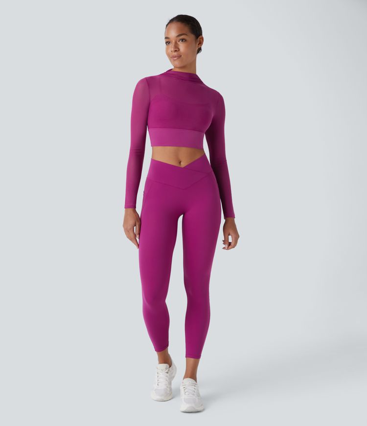 Contrast Mesh Long Sleeve 2-in-1 Cropped Yoga Sports Top