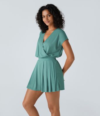 V Neck Short Sleeve Side Pocket Waffle Casual Playsuit