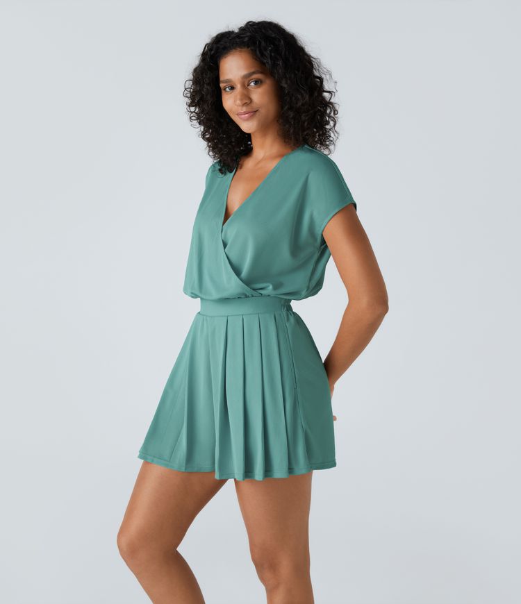 V Neck Short Sleeve Plicated Side Pocket Waffle Casual Jumpsuit