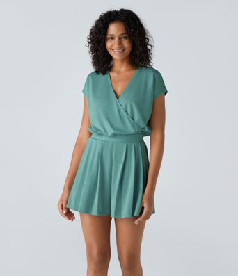 V Neck Short Sleeve Side Pocket Waffle Casual Playsuit