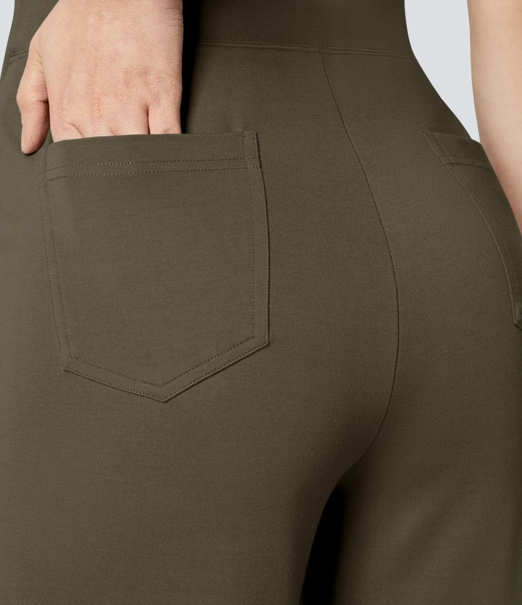 Pantalones oficina pierna ancha bolsillo botón tiro alto