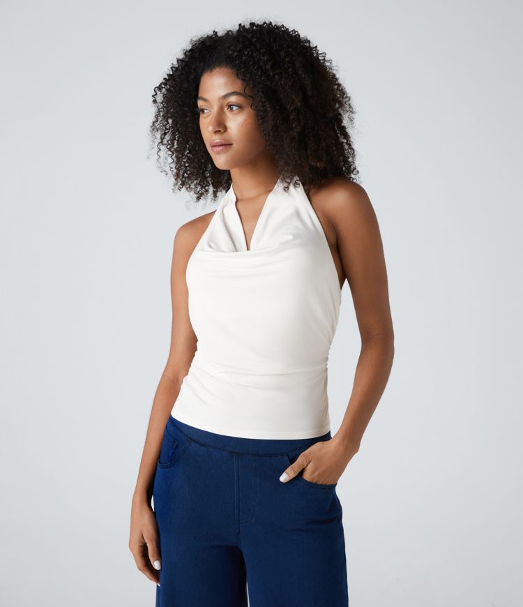Halter Cowl Neck Backless Ruched Casual Tank Top
