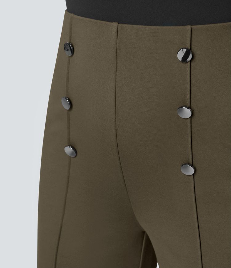 Pantalones oficina pierna ancha bolsillo botón tiro alto