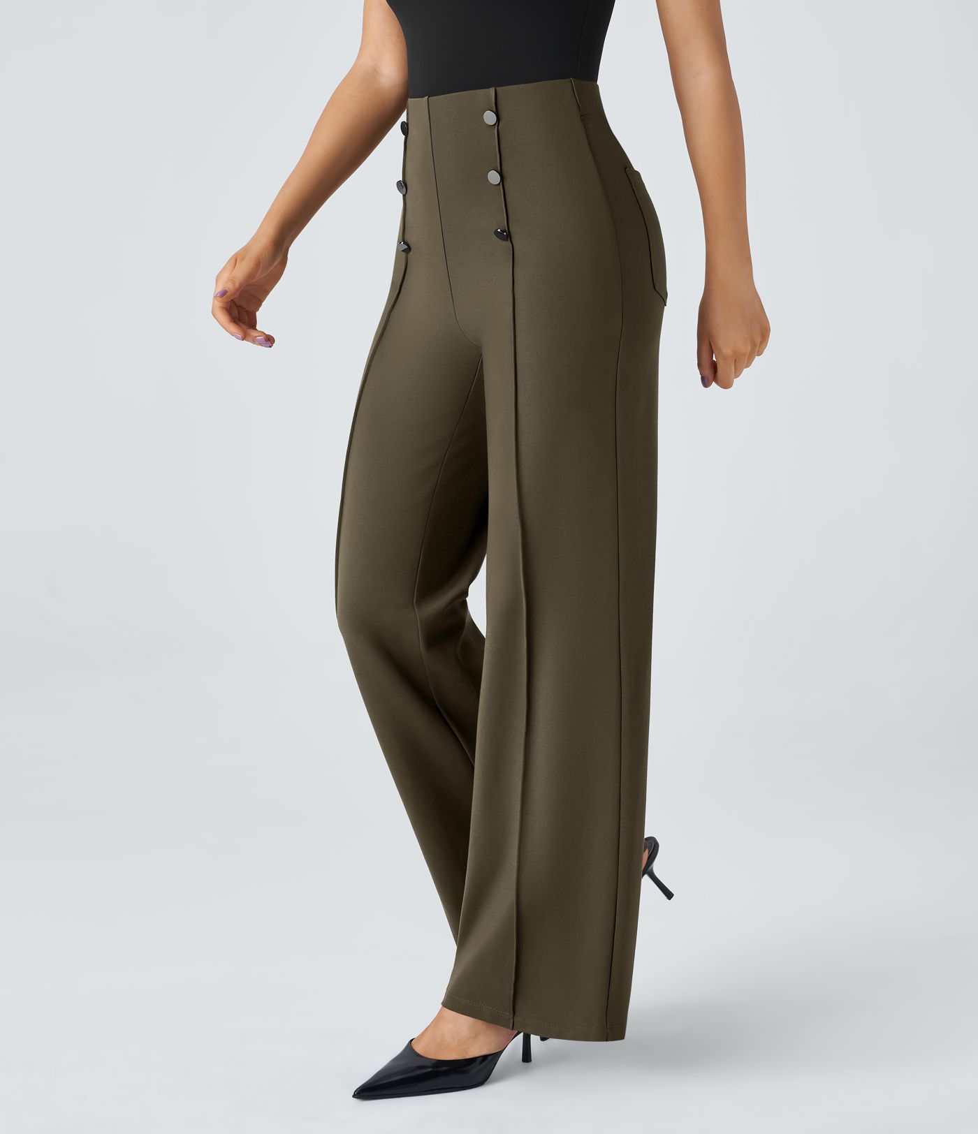 Pantalones oficina pierna ancha bolsillo botón tiro alto