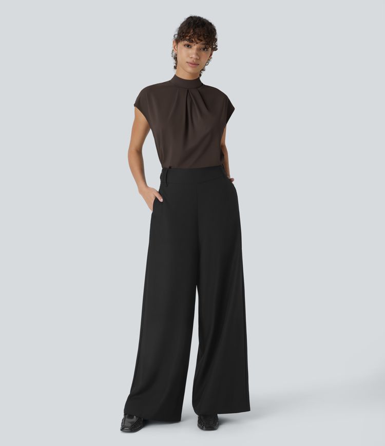 Stand Collar Back Cap Sleeve Work Blouse