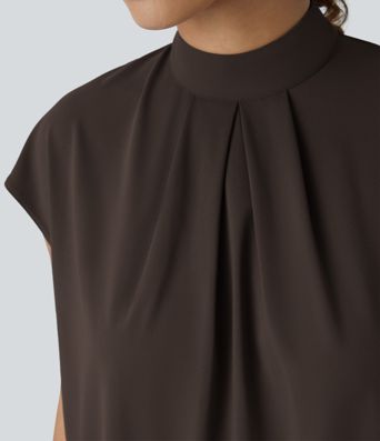 Stand Collar Back Cap Sleeve Work Blouse