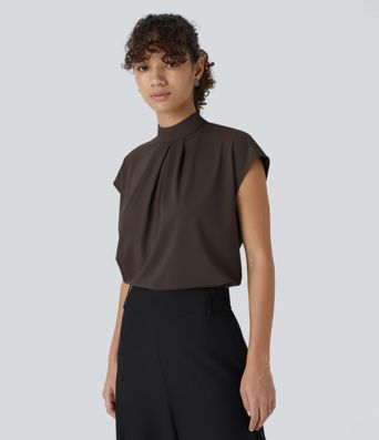 Stand Collar Back Cap Sleeve Work Blouse