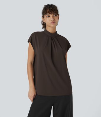 Stand Collar Back Cap Sleeve Work Blouse