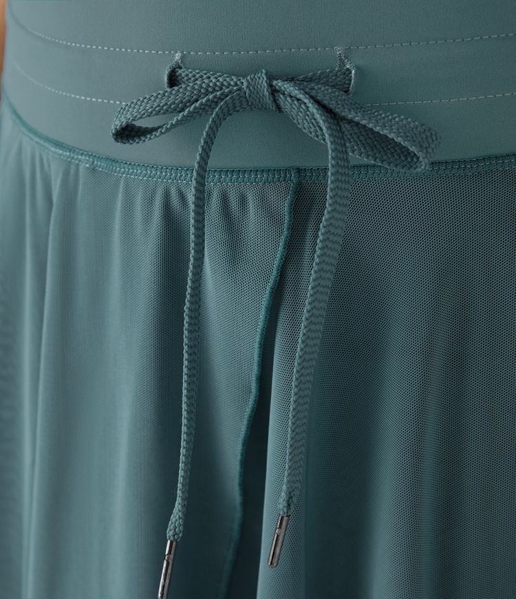 High Waisted Drawstring Contrast Mesh 2-in-1 Pocket Flowy Mini Flare Casual Skirt