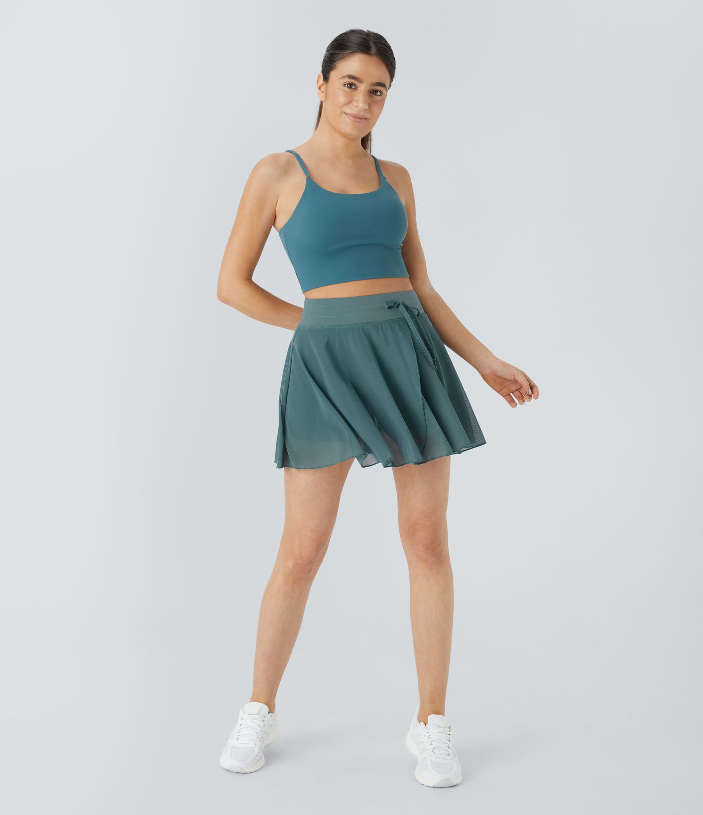 Falda Mini Casual Fluida de Cintura Alta con Cordón, Malla de Contraste y Bolsillos 2 en 1