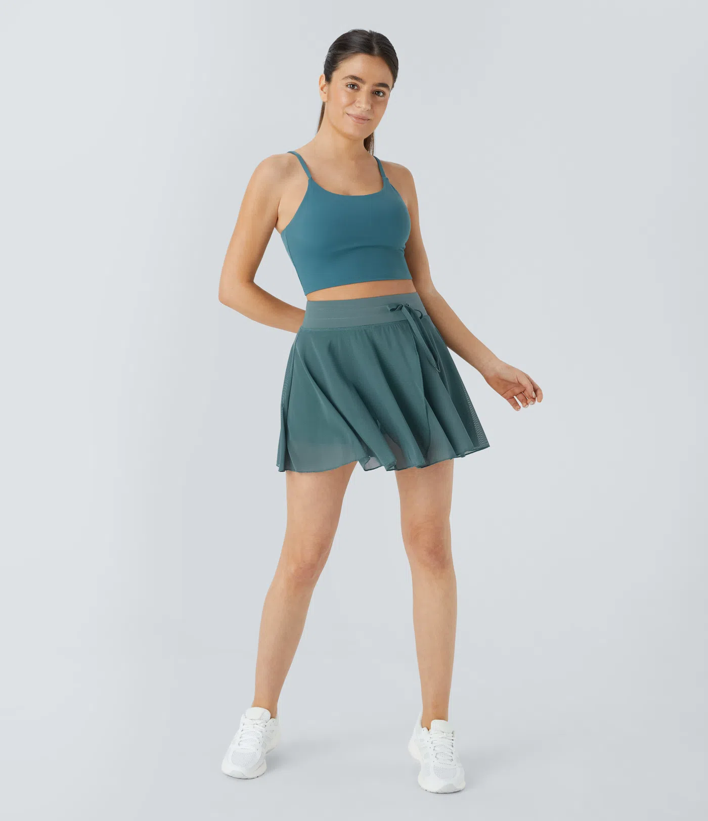  Lässiger 2-in-1 Flowy Minirock aus kontrastierendem Mesh mit hohem Bund, Kordelzug und Seitentaschen