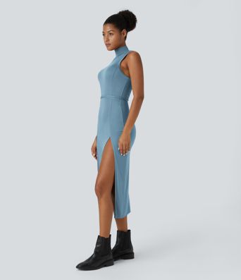 Ribbed Hooded High Neck Sleeveless Cut Out Tie Back 2-Piece Midi Casual Dress