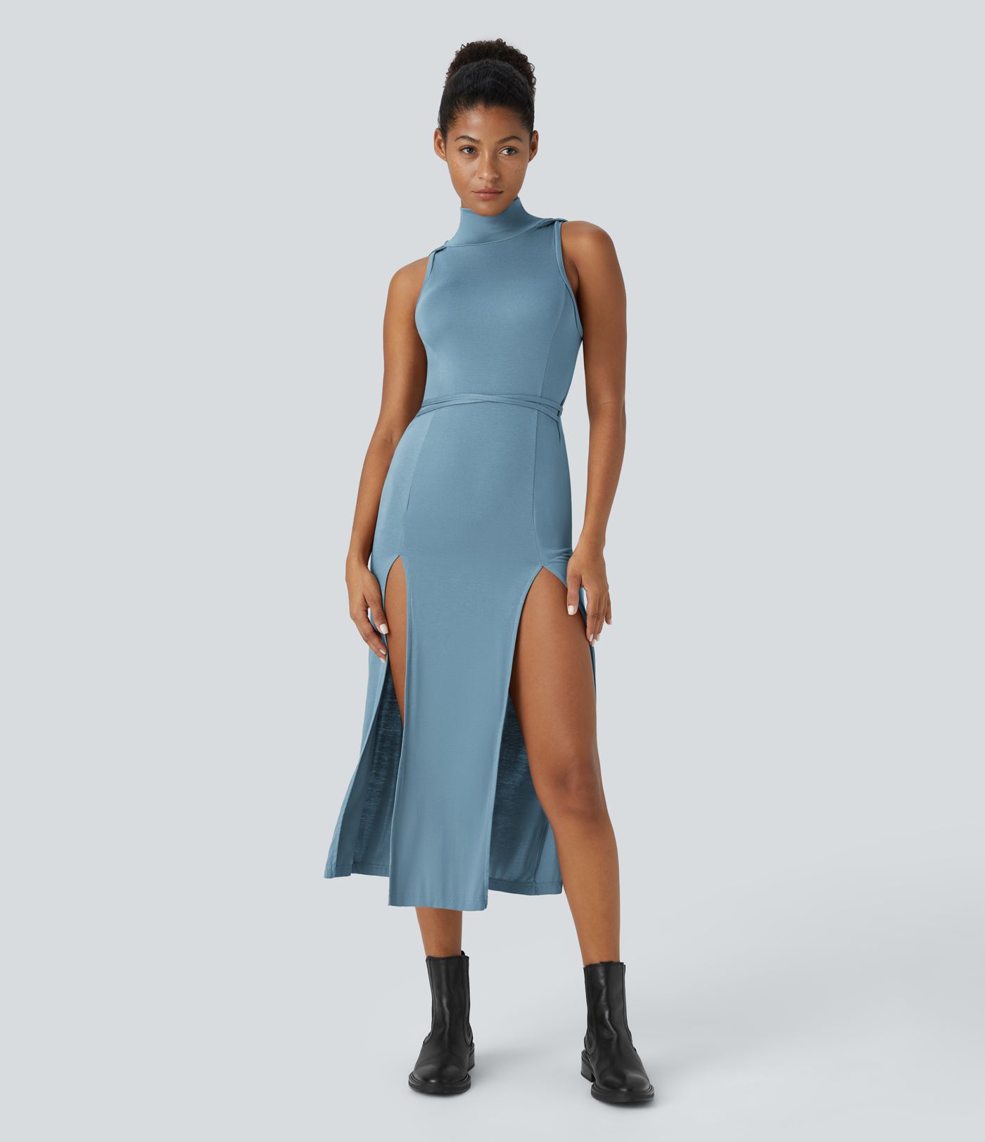 Ribbed Hooded High Neck Sleeveless Cut Out Tie Back 2-Piece Midi Casual Dress