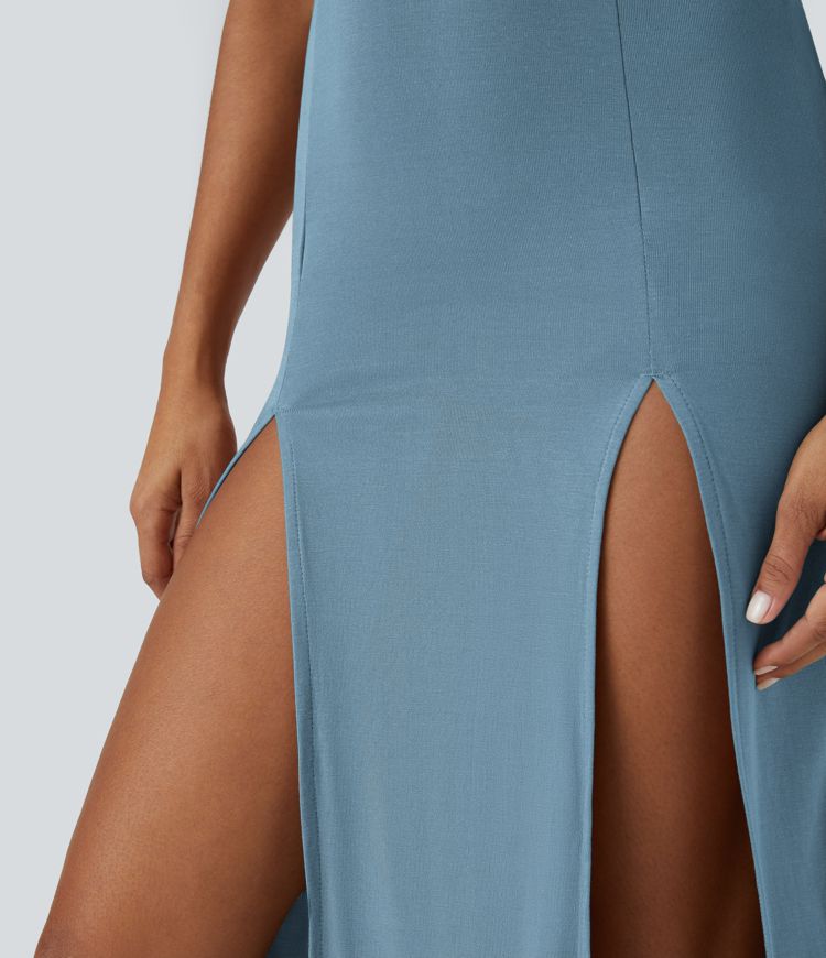 Ribbed Hooded High Neck Sleeveless Cut Out Tie Back 2-Piece Midi Casual Dress