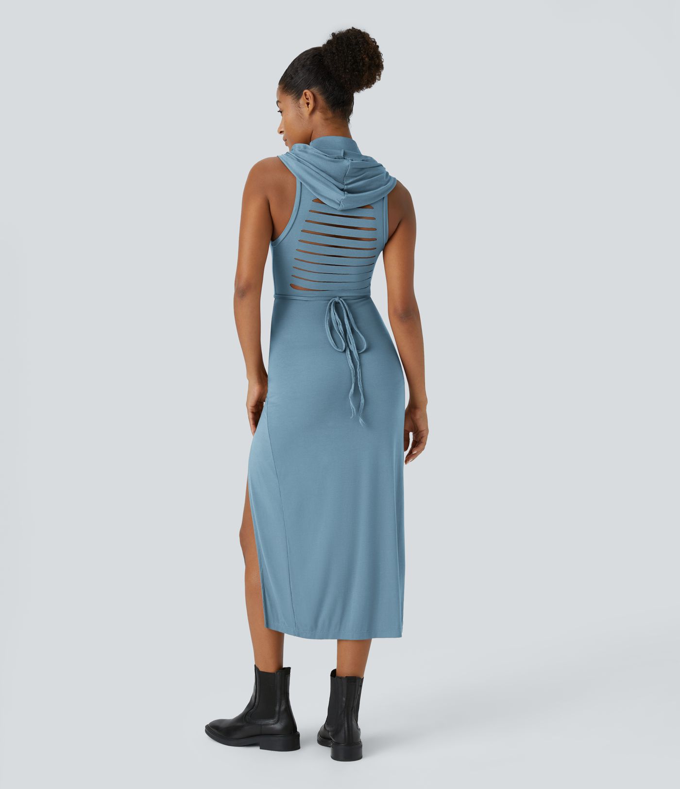 Ribbed Hooded High Neck Sleeveless Cut Out Tie Back 2-Piece Midi Casual Dress