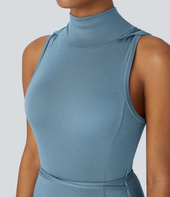 Ribbed Hooded High Neck Sleeveless Cut Out Tie Back 2-Piece Midi Casual Dress