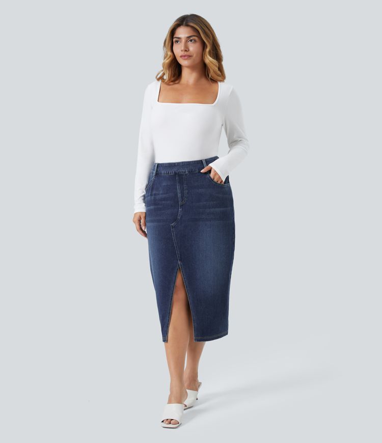 Halara Flex™ Jupe midi taille haute délavée en jean extensible moulant avec fente et poches multiples, grande taille
