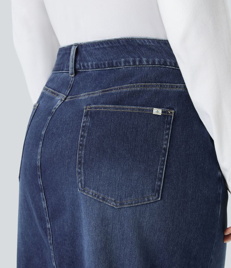 Halara Flex™ Jupe midi taille haute délavée en jean extensible moulant avec fente et poches multiples, grande taille