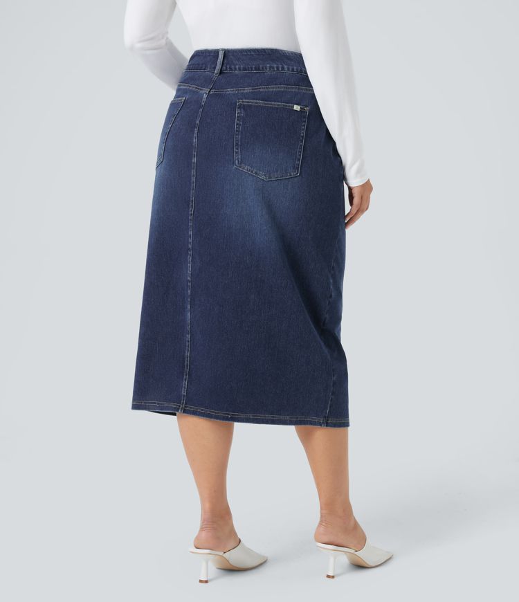 Halara Flex™ Jupe midi taille haute délavée en jean extensible moulant avec fente et poches multiples, grande taille