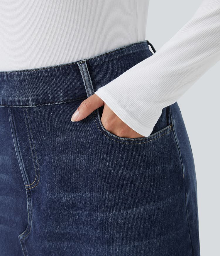 Halara Flex™ Jupe midi taille haute délavée en jean extensible moulant avec fente et poches multiples, grande taille