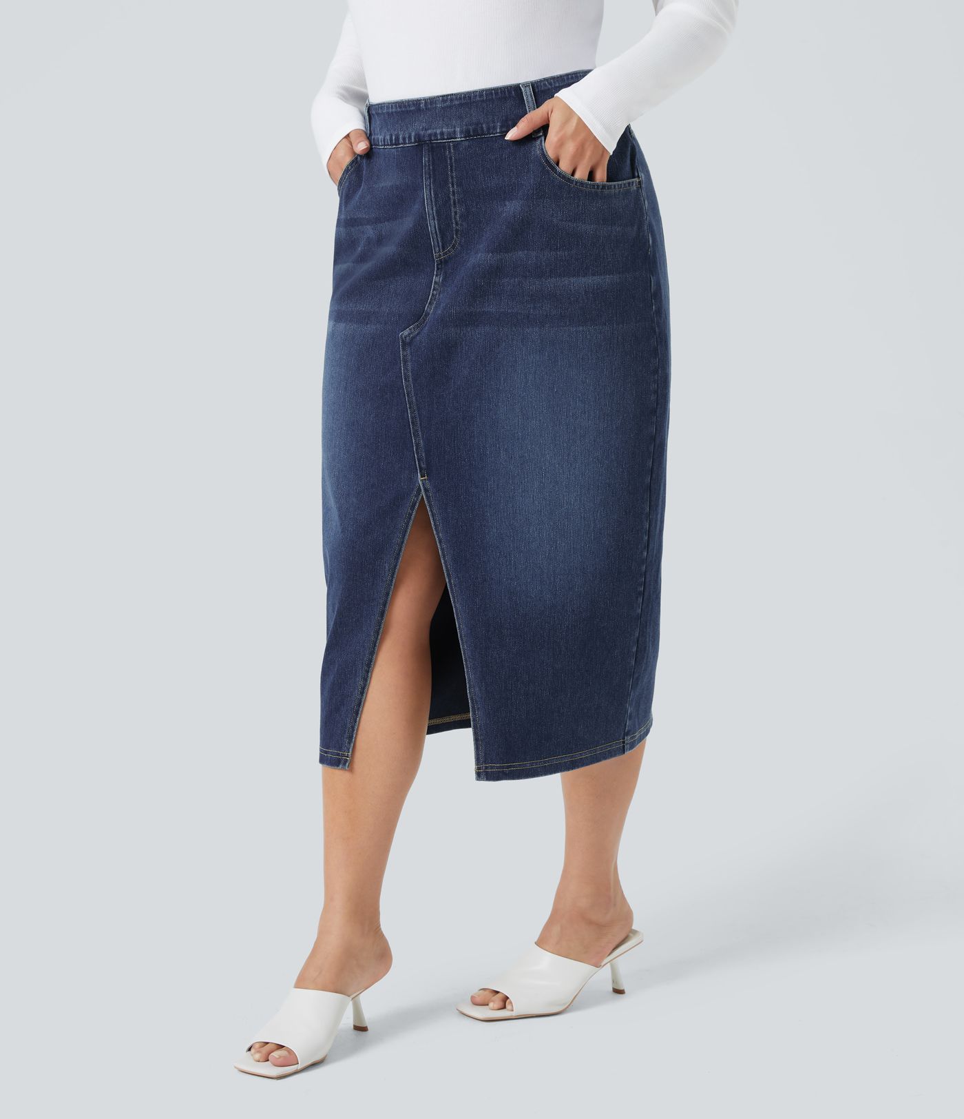 Halara Flex™ Jupe midi taille haute délavée en jean extensible moulant avec fente et poches multiples, grande taille