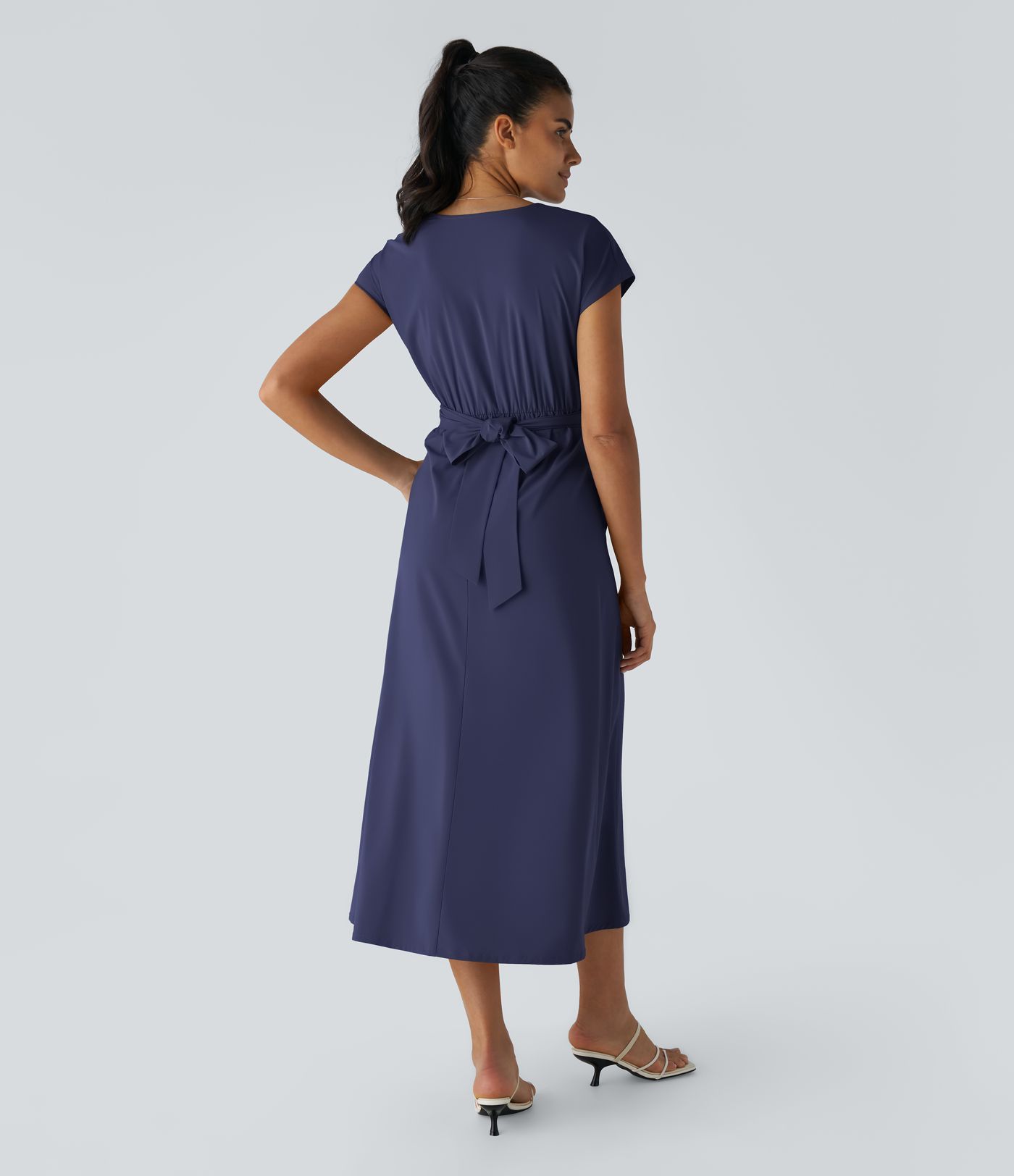 Breezeful™ V Neck Short Sleeve Pocket Tie Back Quick Dry Women Midi Casual Dress-Longer Length