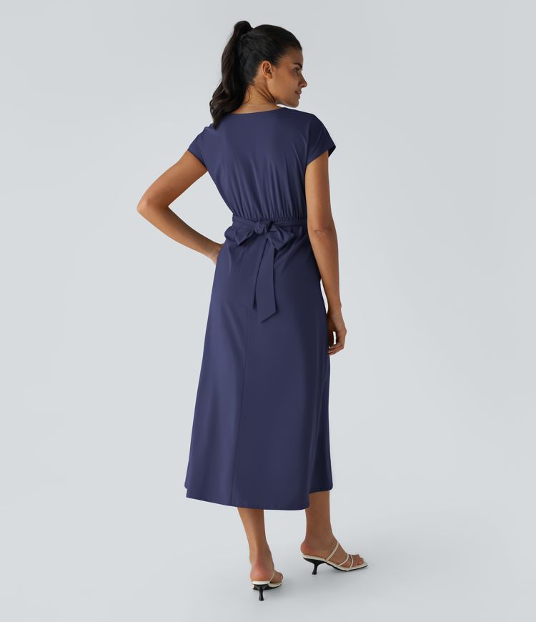 Breezeful™ V Neck Short Sleeve Side Pocket Tie Back Quick Dry Midi Casual Dress