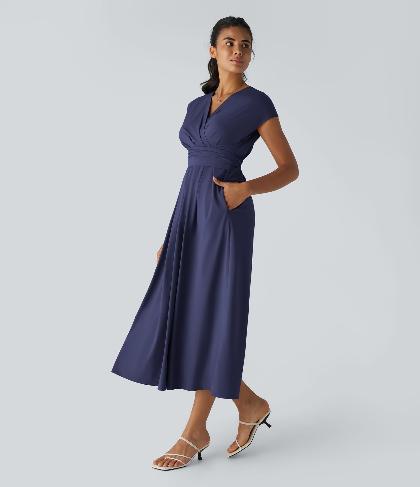 Breezeful™ V Neck Short Sleeve Pocket Tie Back Quick Dry Women Midi Casual Dress-Longer Length