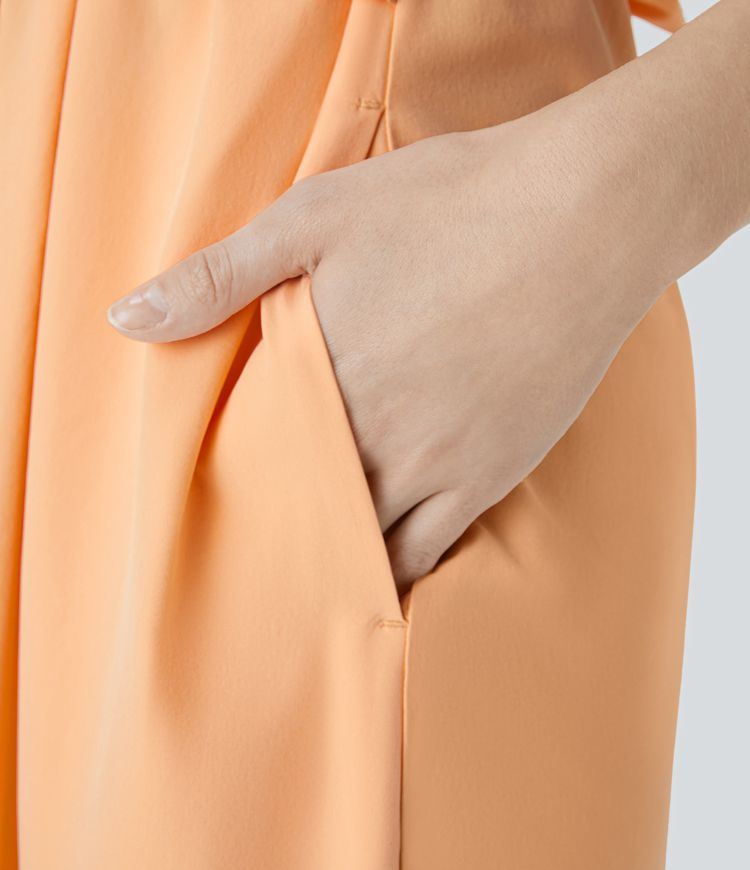 Breezeful™ Kurzärmliges Midi-Freizeitkleid mit V-Ausschnitt, Seitentaschen und Bindeband hinten - schnelltrocknend