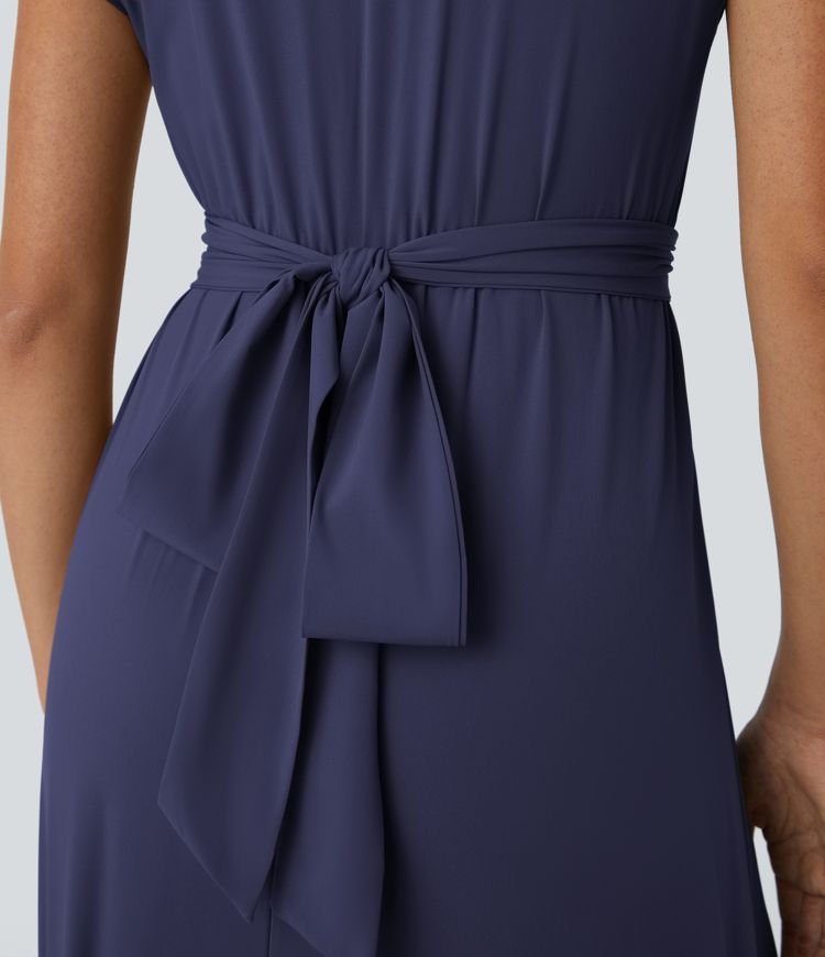 Breezeful™ V Neck Short Sleeve Pocket Tie Back Quick Dry Women Midi Casual Dress-Longer Length