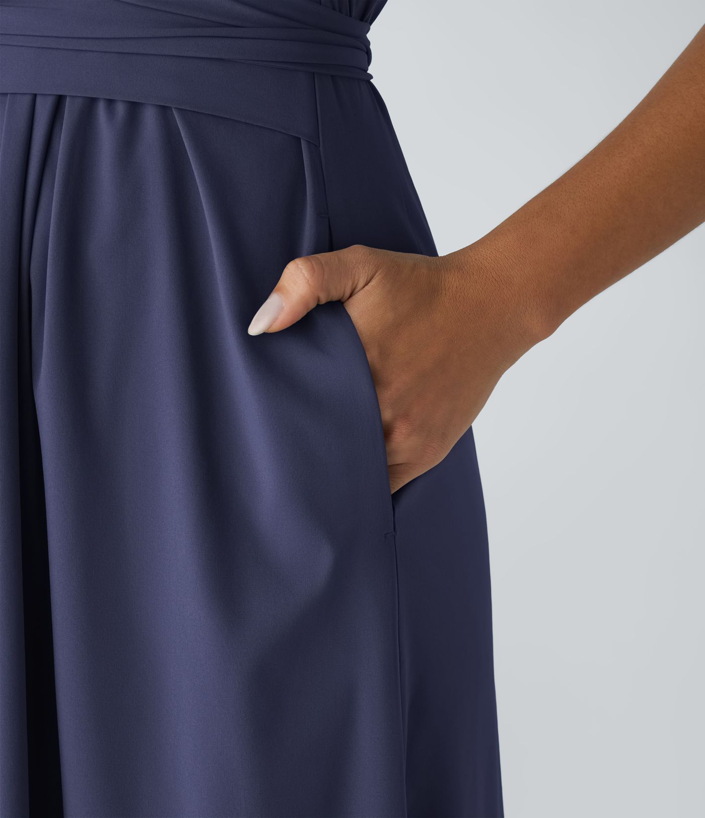 Breezeful™ V Neck Short Sleeve Pocket Tie Back Quick Dry Women Midi Casual Dress-Longer Length